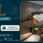 Sur Hotel September Offer: book a Double or Twin Room for two for 23 OMR per night, including tax and continental breakfast. Valid 01–30 September 2026.