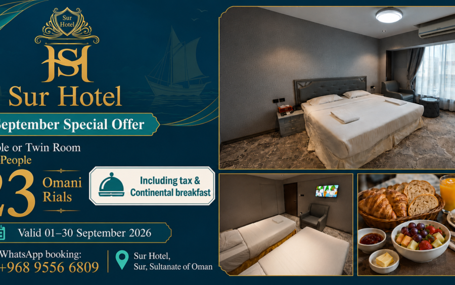 Sur Hotel September Offer: book a Double or Twin Room for two for 23 OMR per night, including tax and continental…