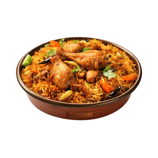Aromatic basmati rice cooked with tender chicken, fragrant spices, herbs, and traditional seasonings for a rich and satisfying meal.